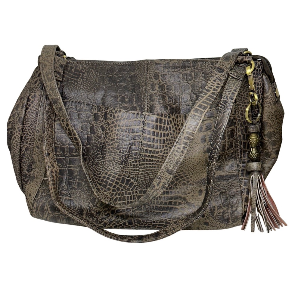 Great American Leather‎ Works Shoulder Bag Brown Croc Embossed Tassel Boho Large